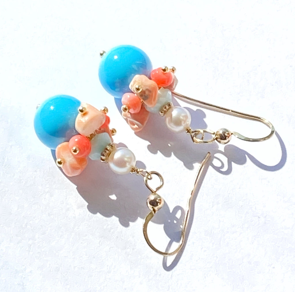 Turquoise, Coral and Pearl Summer Drop Dangle Earrings