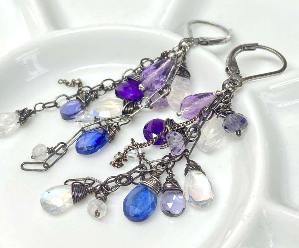 Blue violet purple moonstone boho dangle earrings in oxidized sterling silver