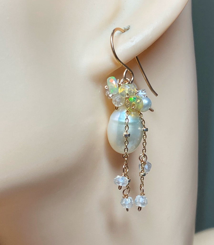 Rose Gold, Opal Cluster, Pearl Earrings