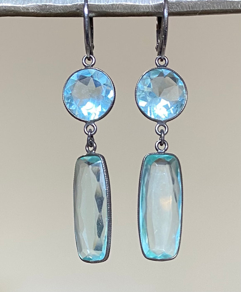 Long Sparkly Aqua Crystal Quartz Dangle Earrings Oxidized Silver