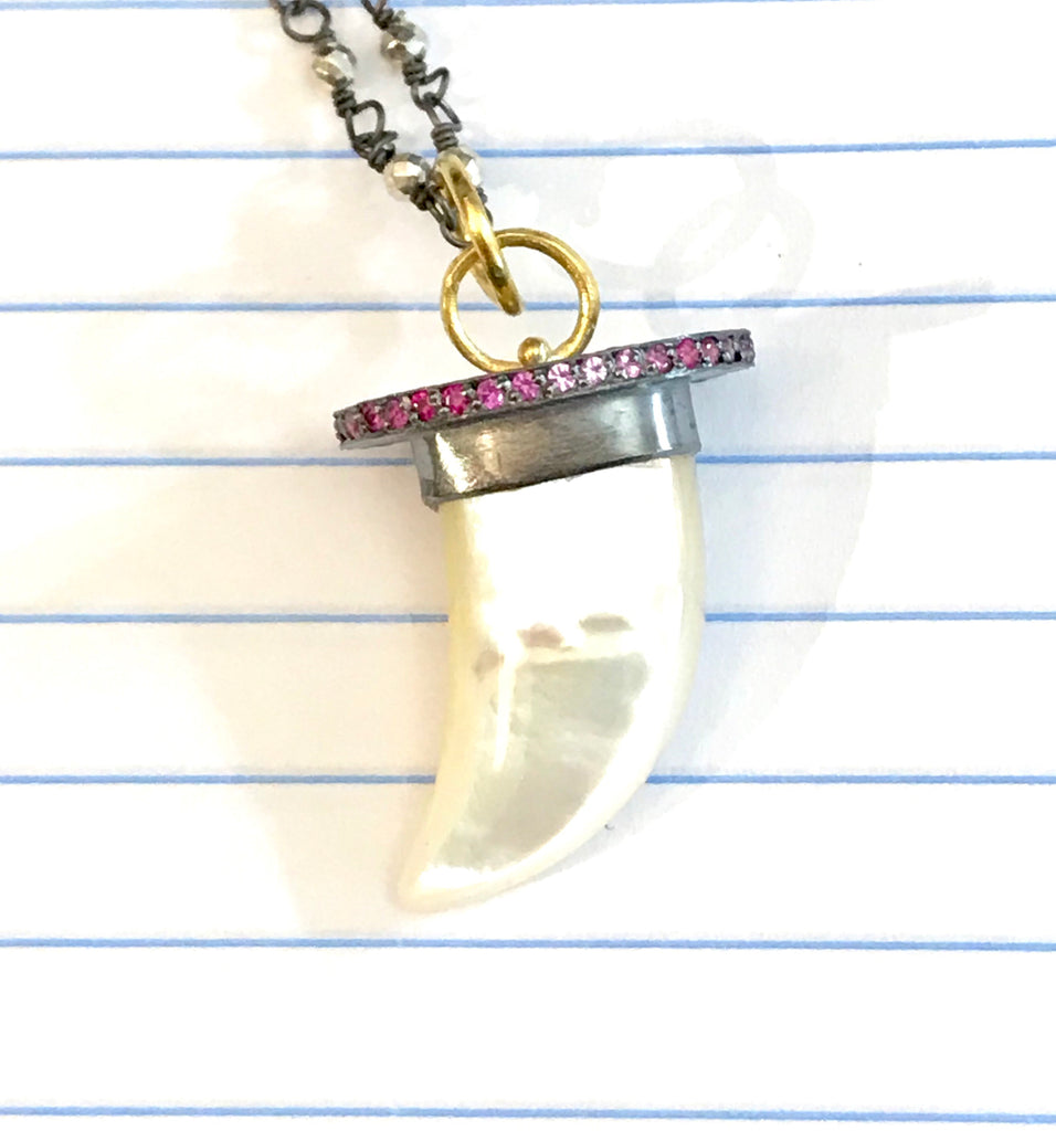 Mother of Pearl Horn Charm Pave Pink Sapphire 22k Gold Oxidized Silver - doolittlejewelry