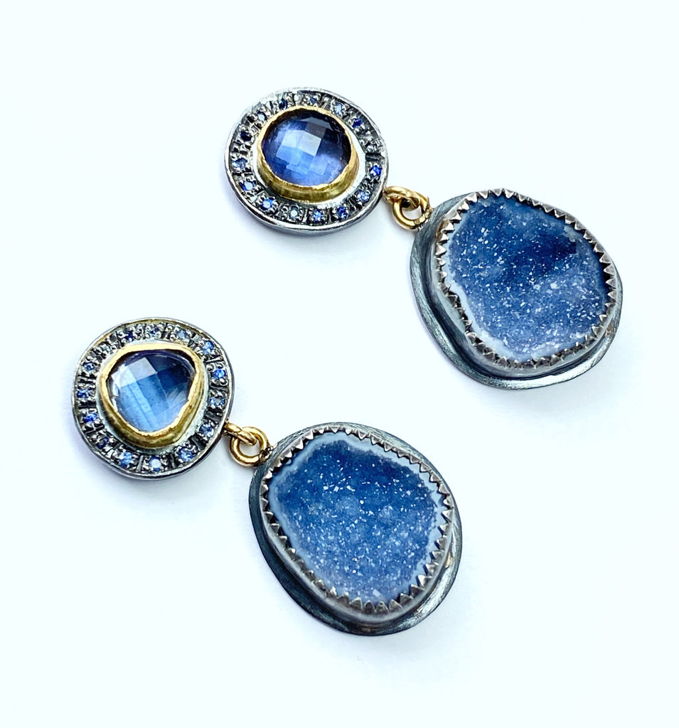 Tanzanite and Blue Geode Earrings with Pave Blue Sapphire Mixed Metal