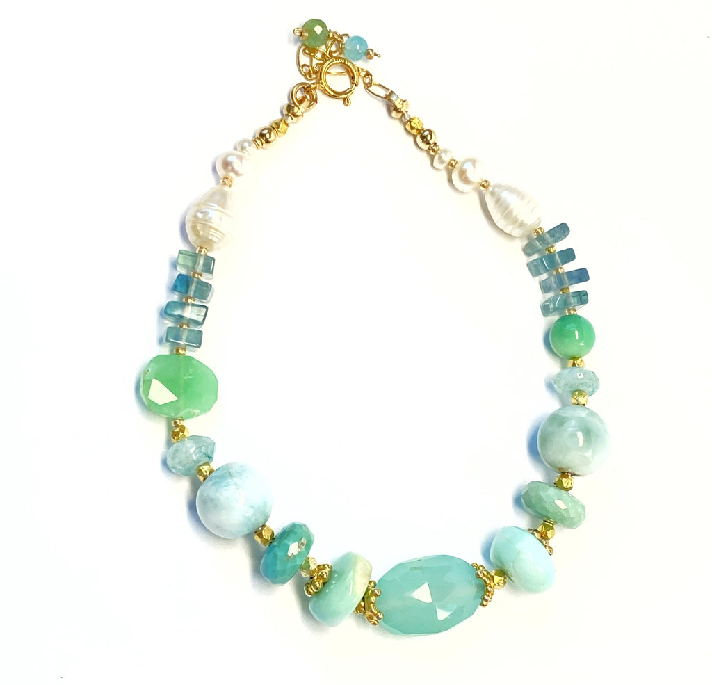 Aqua Chalcedony, Pearl and Gem Silk Knot Bracelet