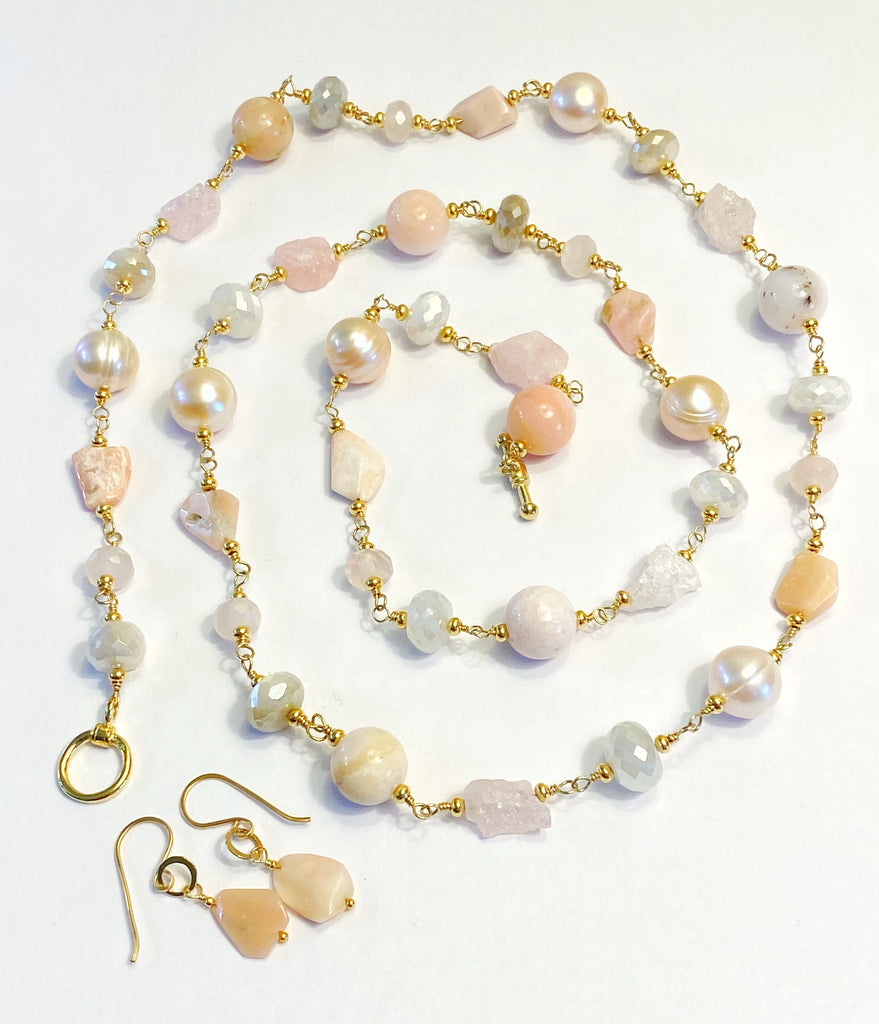 Pink Blush Gemstone and Pearl Long Necklace Gold Fill Wire Wrap