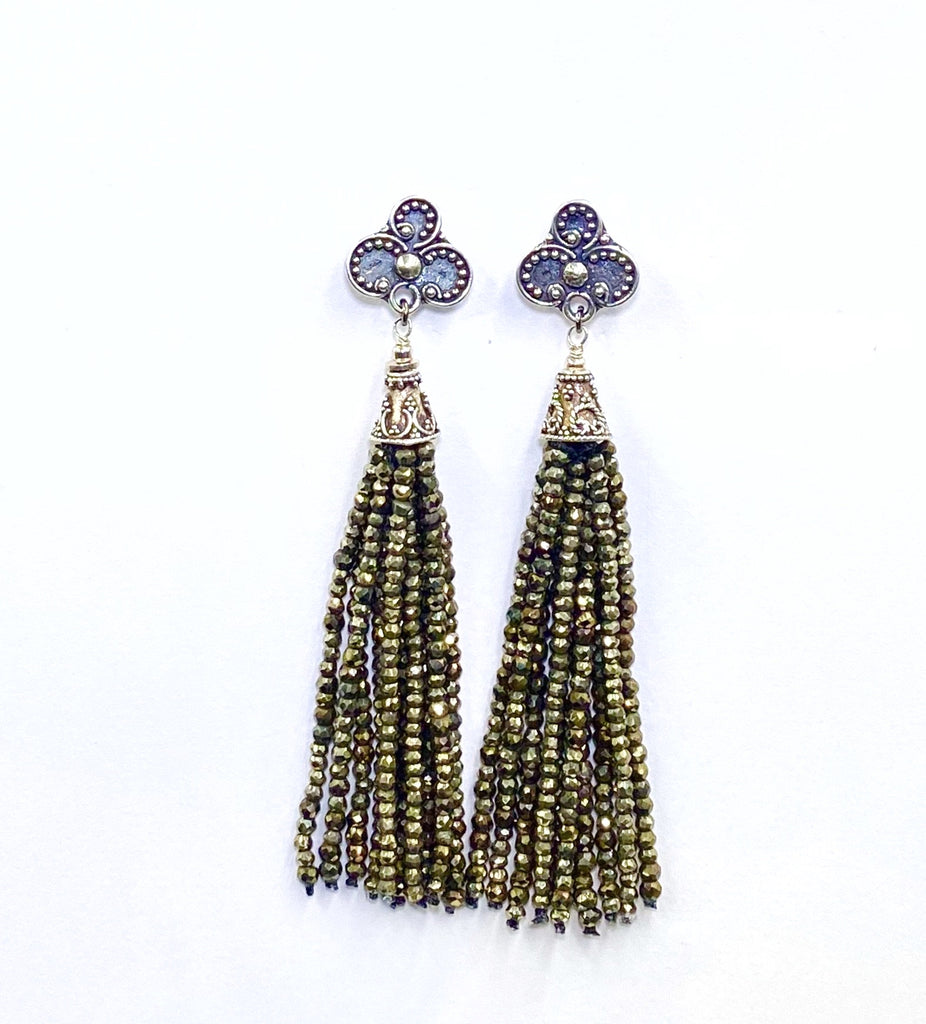 Pyrite Tassel Earrings Gold Mystic Spinel Sterling Silver