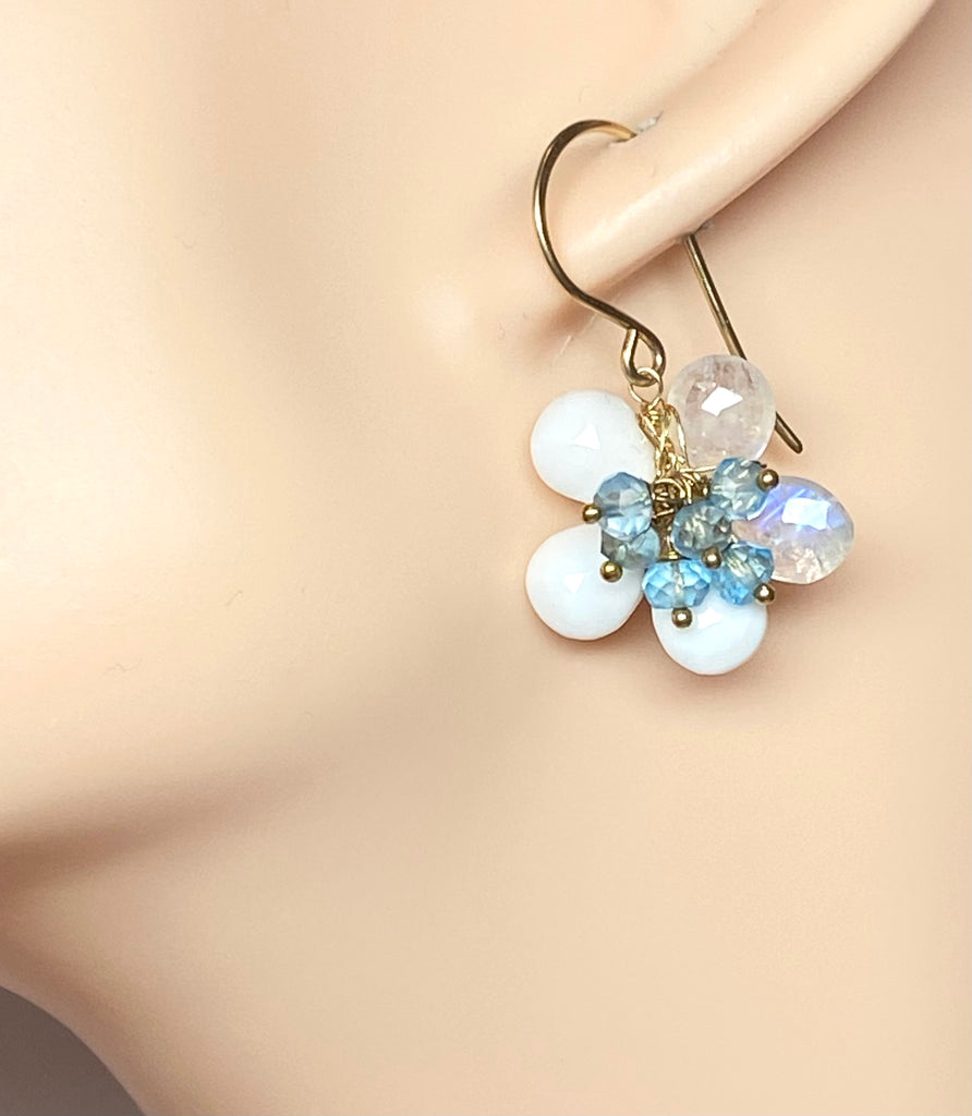 Rainbow Moonstone White Agate Flower Earrings