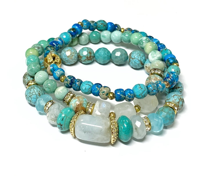 Turquoise Stretch Stacking Bracelet Set of 3 Gold Pave CZ