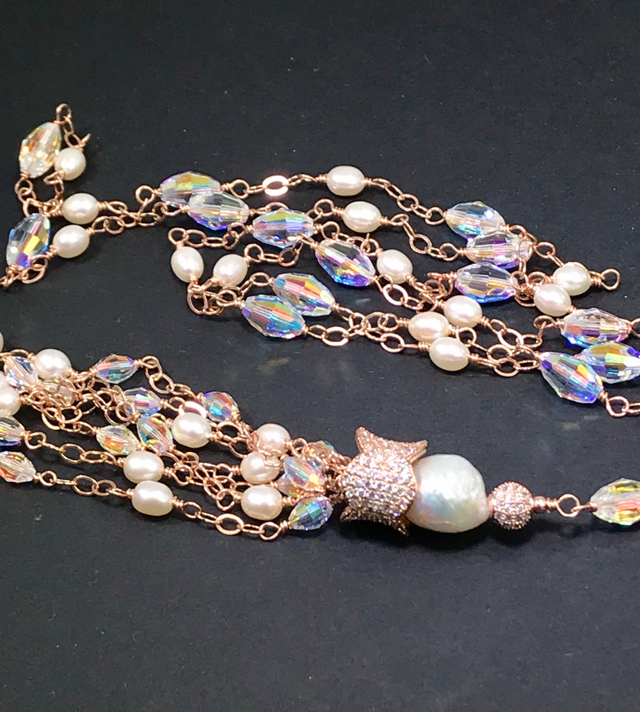 Rose Gold, Pearl and Swarovski Crystal Tassel Necklace - doolittlejewelry