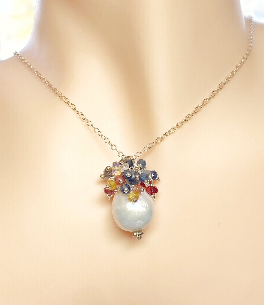 Sapphire and Opal Cascade Cluster Pearl Pendant, Sterling Silver