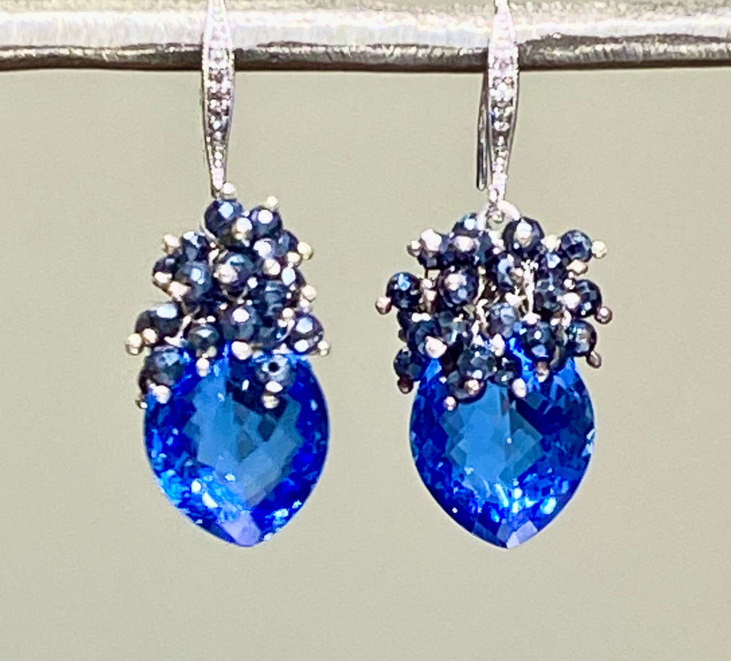 Blue Topaz and Black Spinel Cluster Earrings Sterling Silver - doolittlejewelry