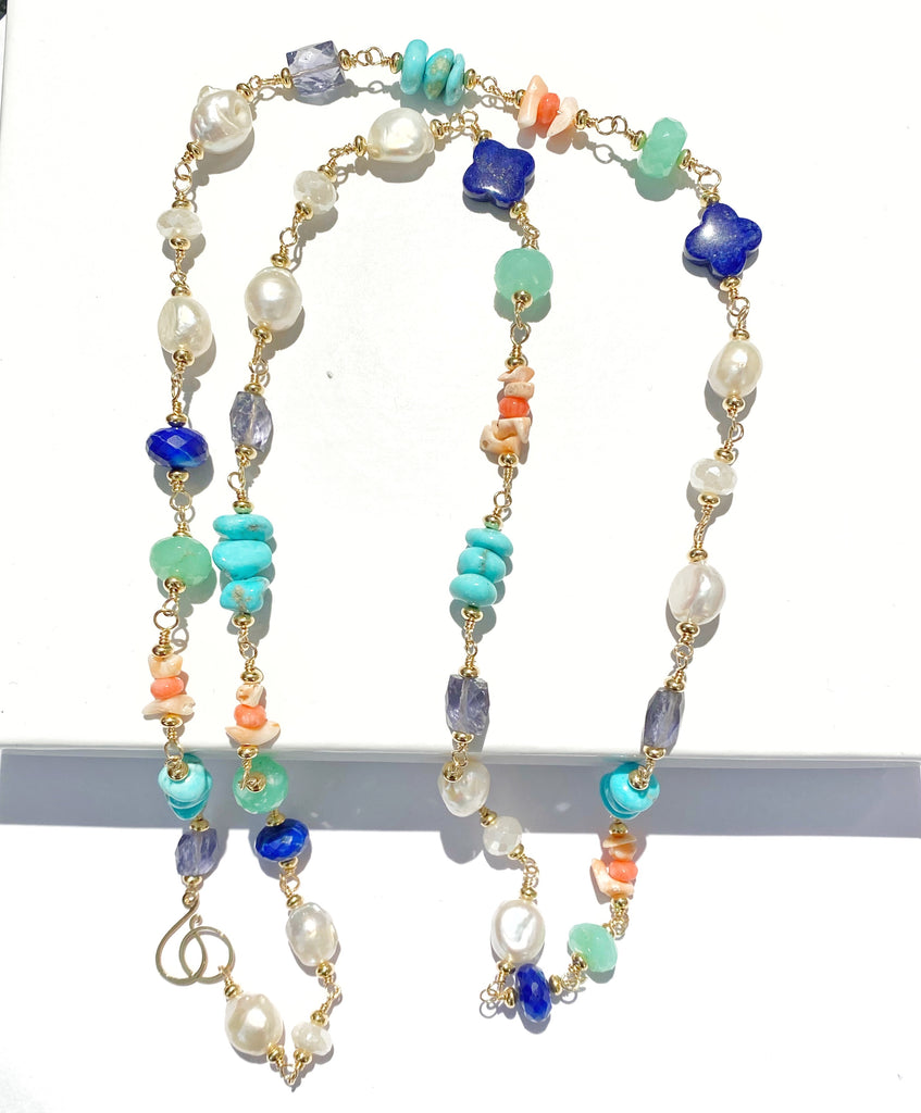 Multi Gemstone Pearl Long Gold Necklace Coral Lapis Chrysoprase