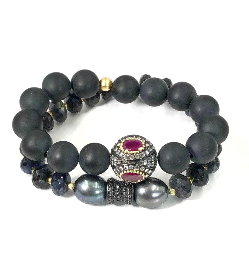 Ruby Stretch Black Onyx Beaded Stacking Bracelet