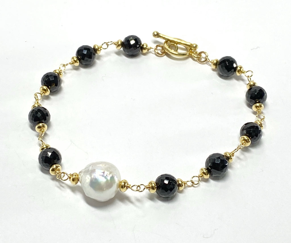 Edison pearl, black spinel gold fill rosary style clasp bracelet