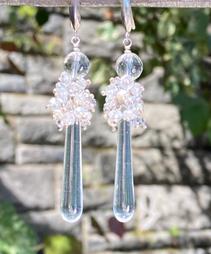 Pearl Cluster Long Crystal Quartz Drop Wedding Earrings - doolittlejewelry