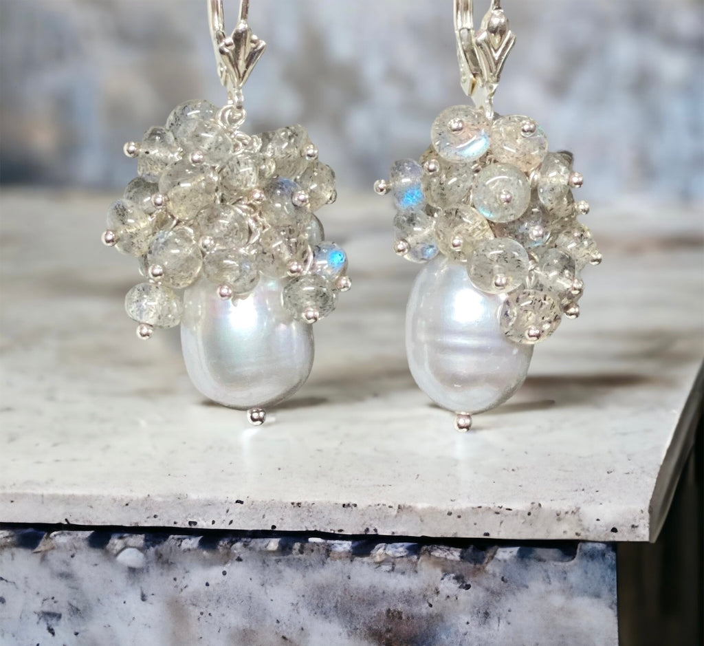 Silver Grey Pearl Earrings Sterling Silver with AAA Labradorite Gemstone Clusters
