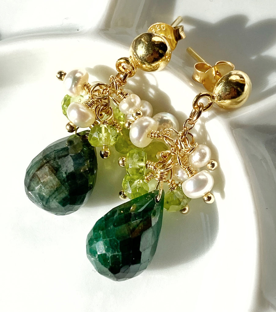 Emerald and Peridot Pearl Cluster Earrings Gold