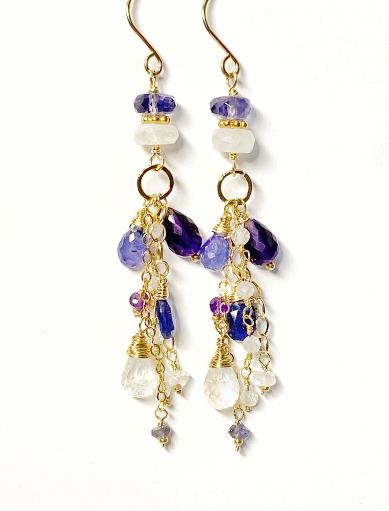 Blue Violet Gemstone Dangle Earrings - Amethyst, Tanzanite, Kyanite, Moonstone