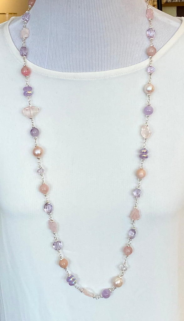 Long Sterling Silver Gemstone Pearl Necklace Lavender Amethyst Rose Quartz - doolittlejewelry