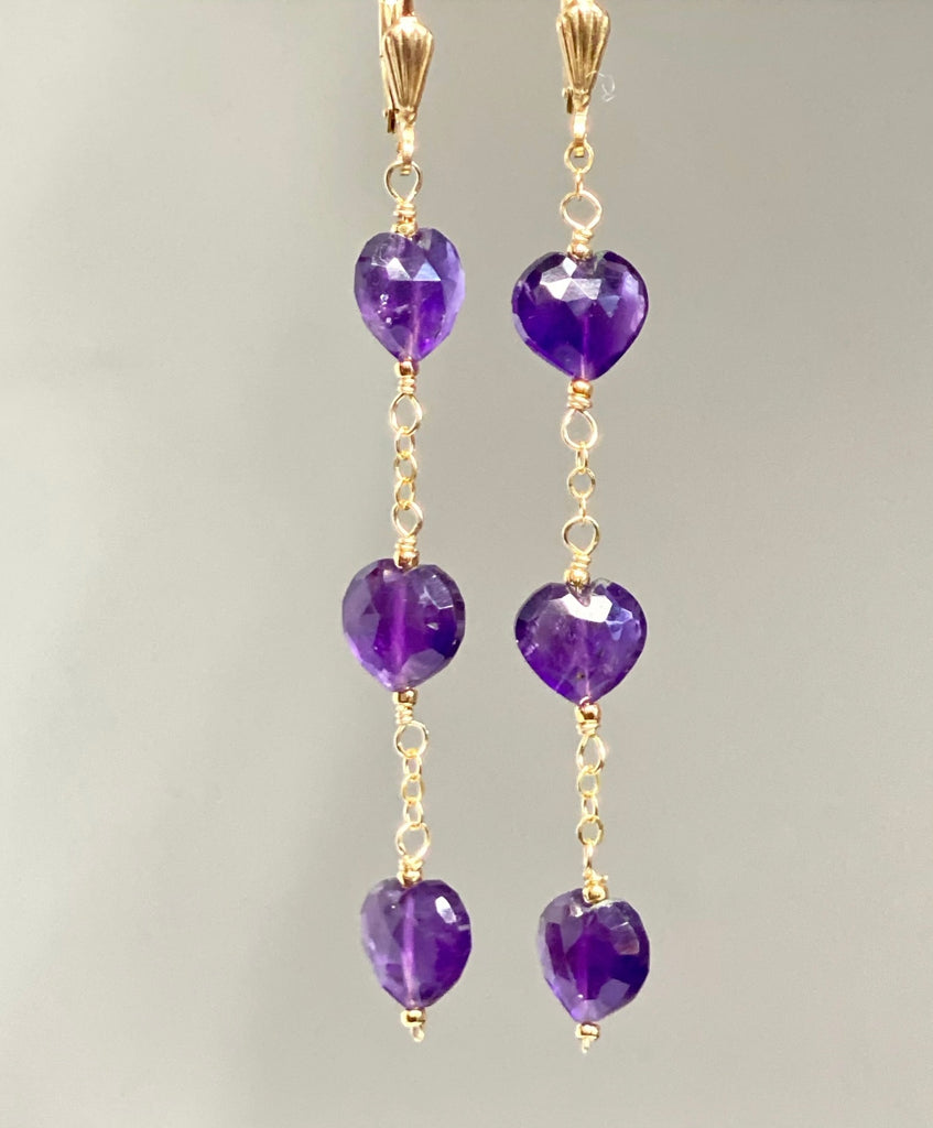 Amethyst gemstone heart shape briolette dangle earrings in gold fill - handmade