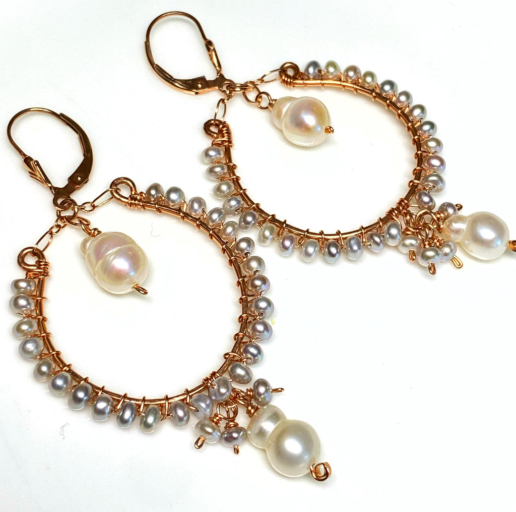 Statement Rose Gold Hoop Earrings with Baroque Pearl Drops