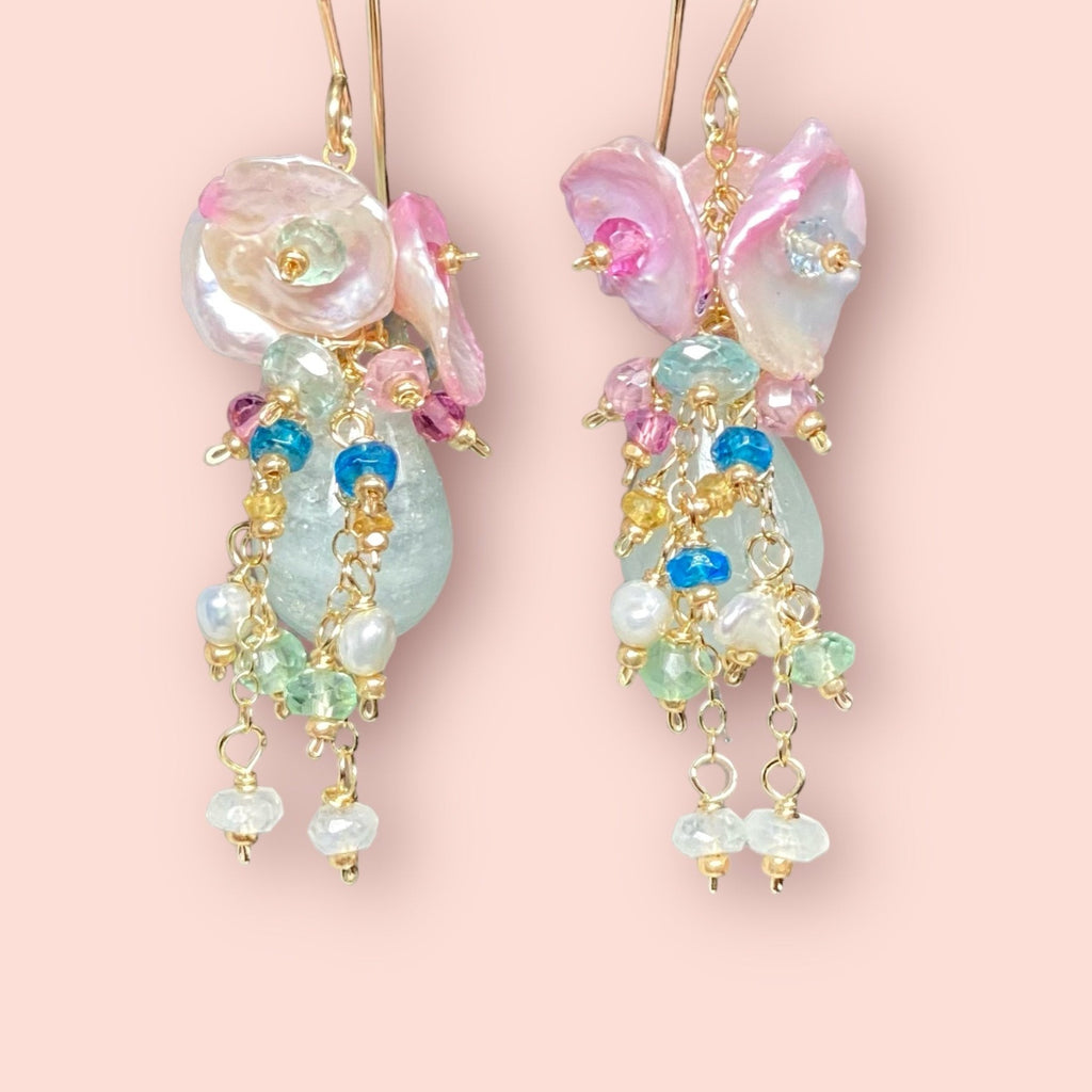 blue aquamarine dangle cluster earrings with multicolor gemstones