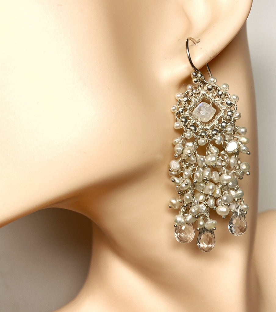 Moonstone and Pearl Chandelier Statement Bridal Wedding Earrings