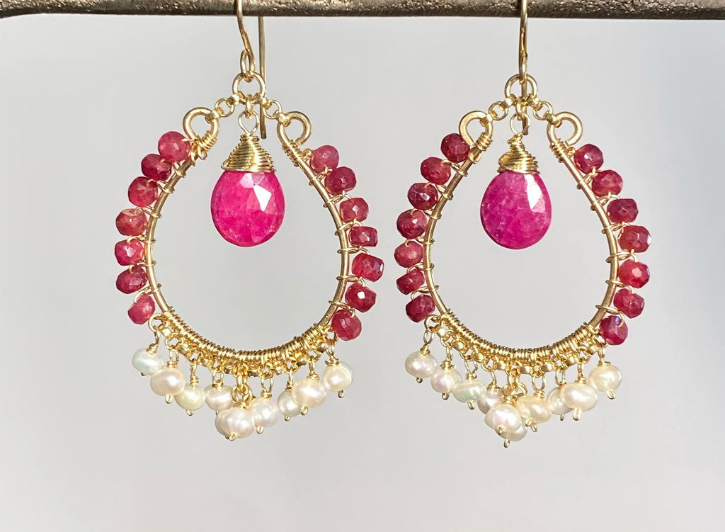 Red Ruby and Pearl Gold Hoop Statement Earrings