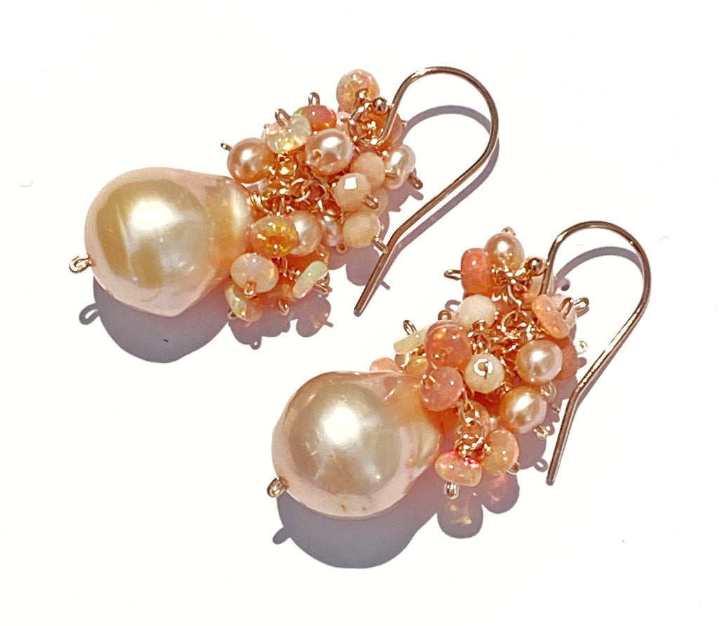 Blush Pink Baroque Pearl Opal Cluster Rose Gold Earrings