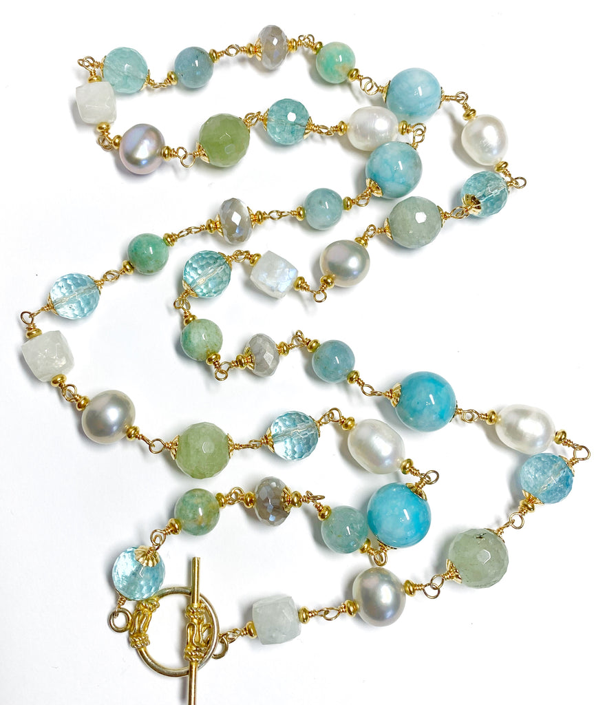 Aquamarine Pearl Long Wire Wrap Necklace Gold Moonstone