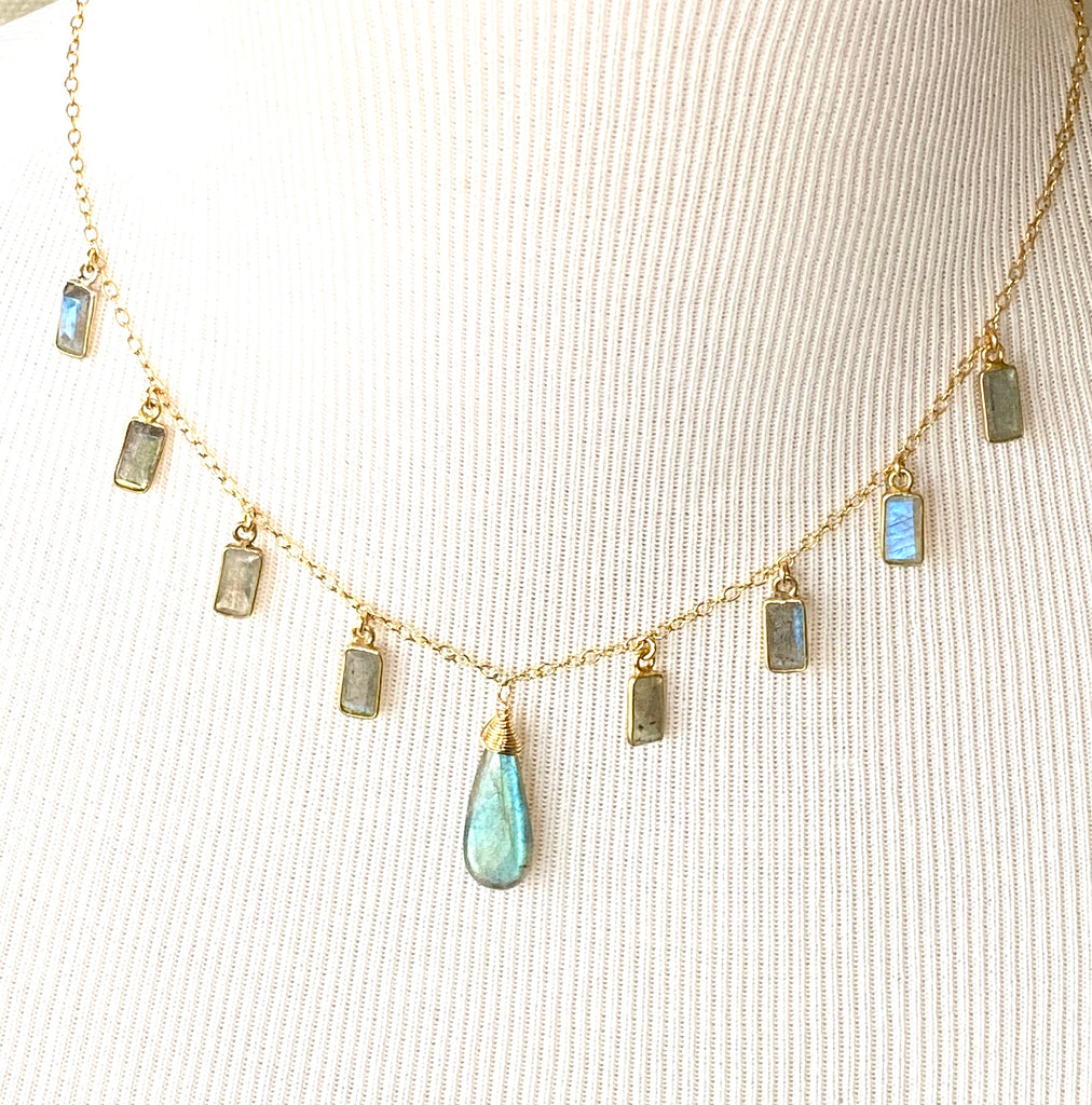 Labradorite Dangle Necklace Gold Fill Boho Style - doolittlejewelry