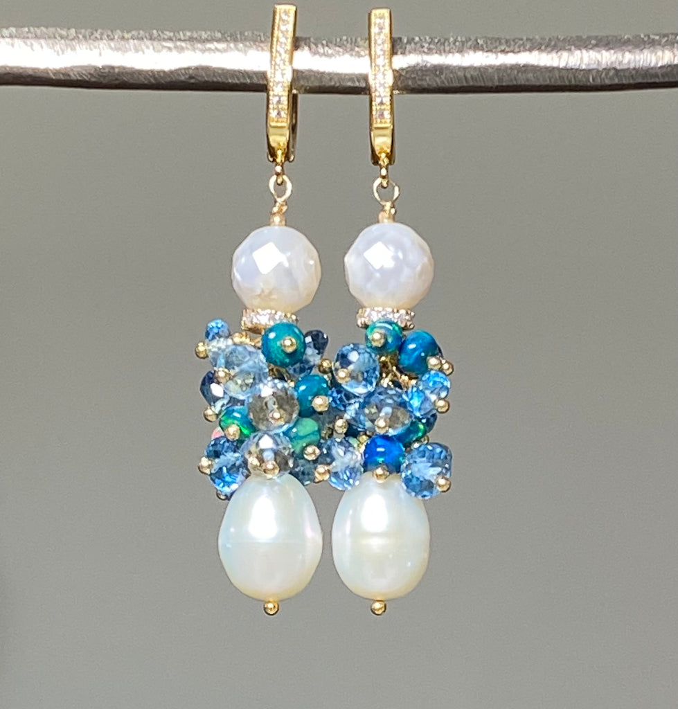 Pearl and London Blue Topaz and Opal Cluster Earrings - doolittlejewelry