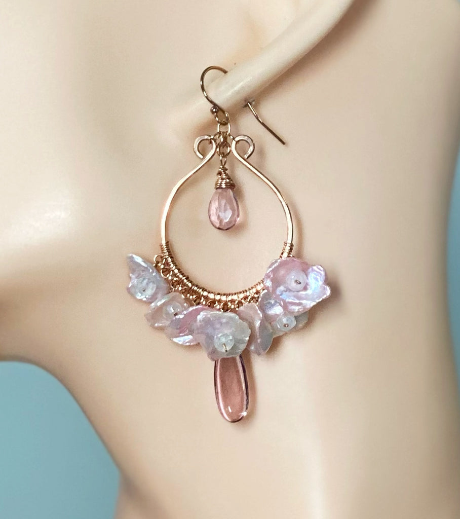 Rose Gold Hoop Earrings with Blush Keishi Pearls and Pink Topaz