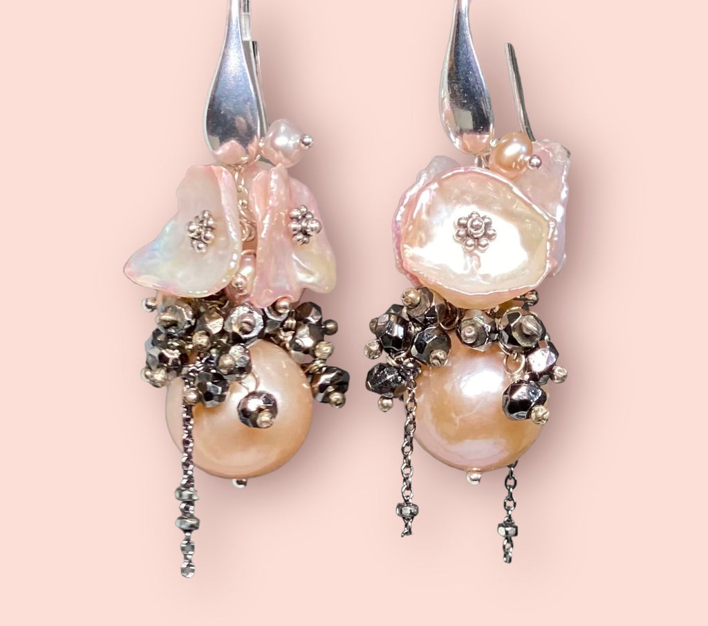 Pink Edison Pearl Cluster Earrings Blush Pink Keishi and Black Pyrite, French Style