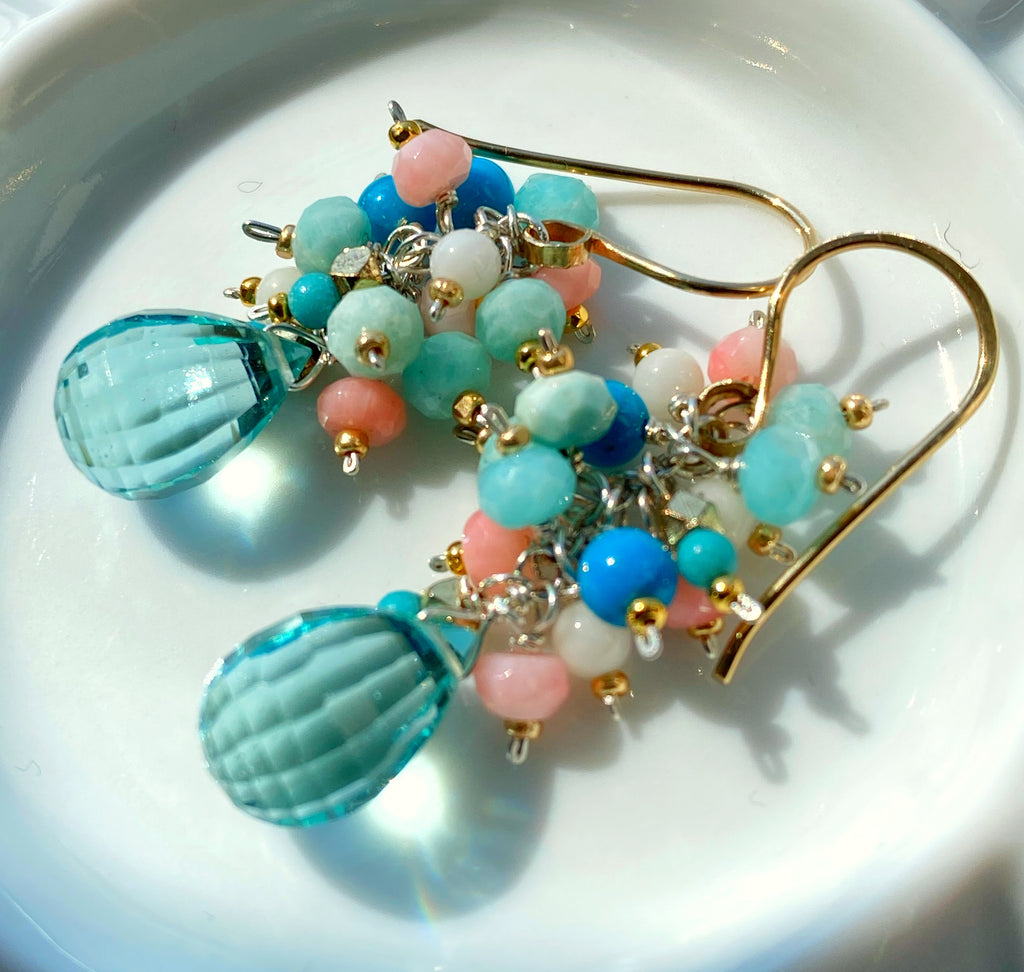 Aqua Quartz Multi Gem Cluster Earrings Mixed Metals