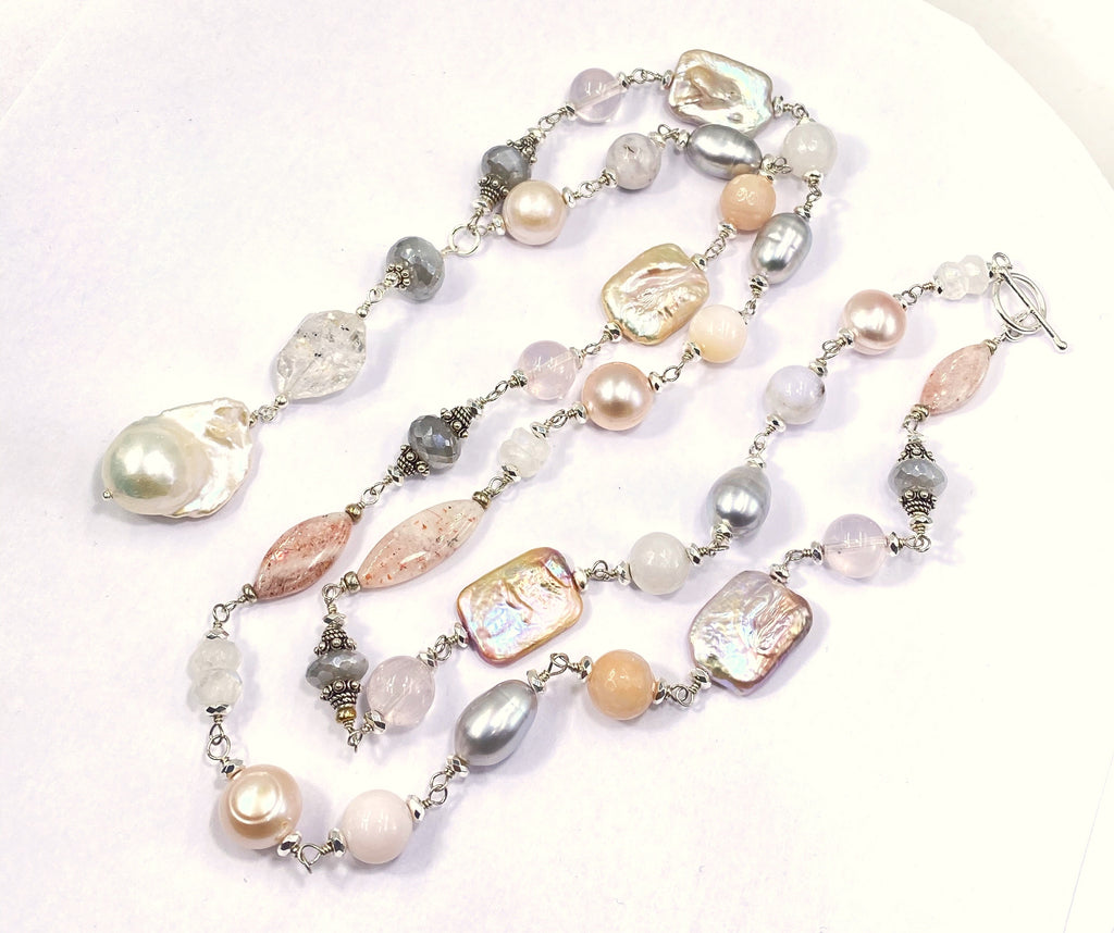 Long Silver Gemstone Pearl Necklace Blush Pink & Grey Toggle Clasp