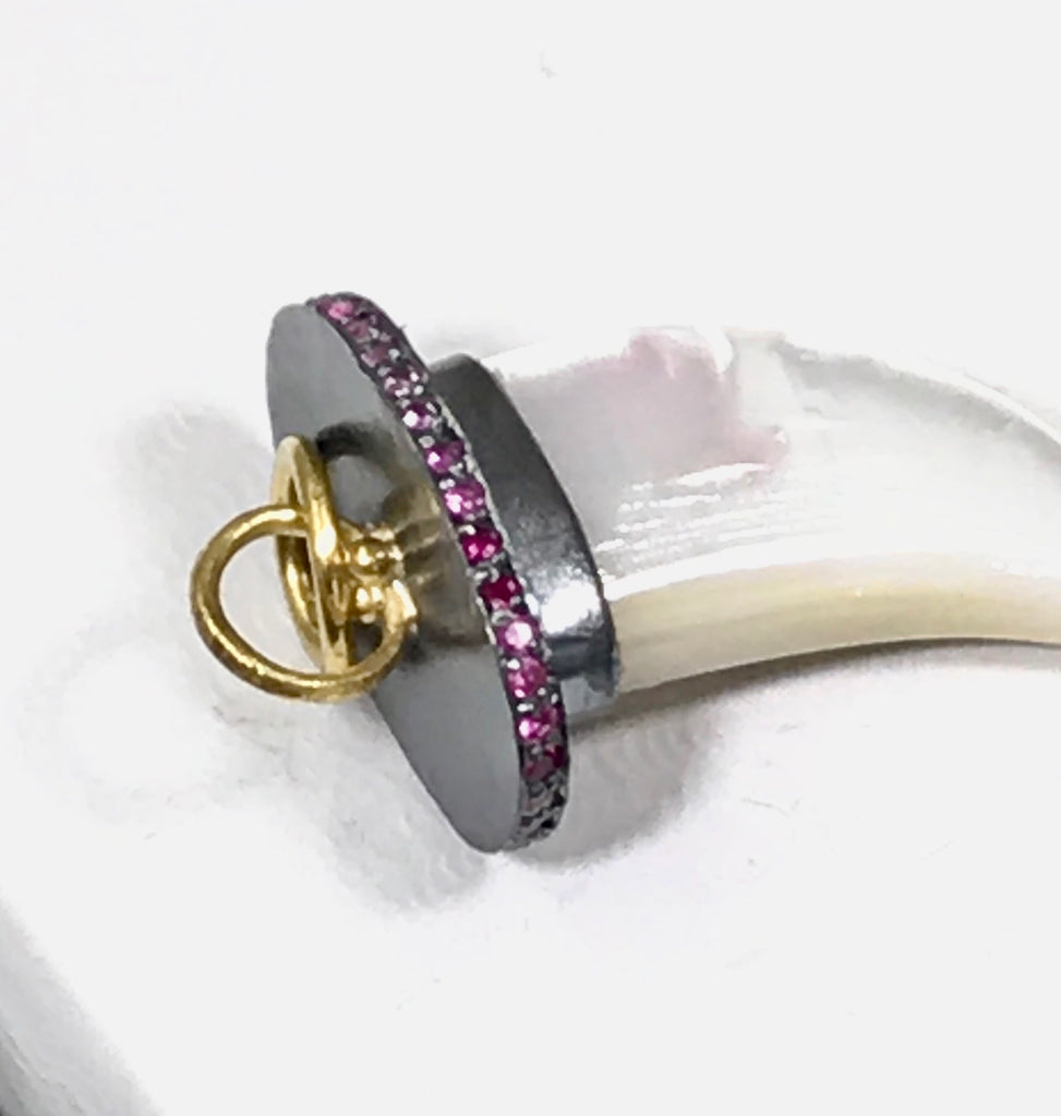 Mother of Pearl Horn Charm Pave Pink Sapphire 22k Gold Oxidized Silver - doolittlejewelry
