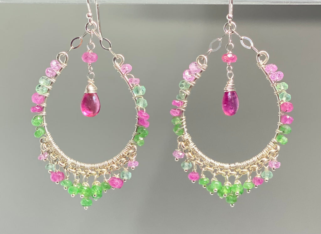 Sterling Silver Pink Sapphire Tsavorite Hoop Earrings