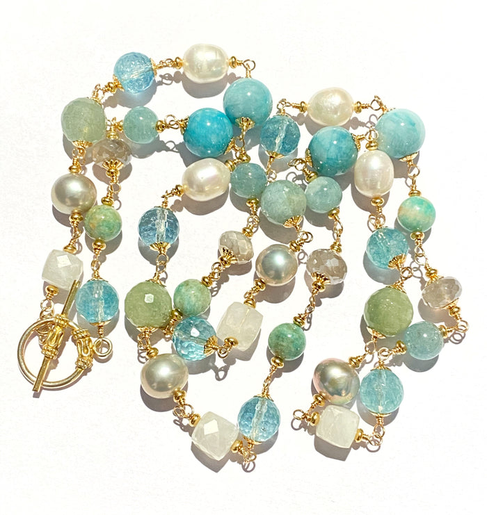 aquamarine, pearl long wire wrap necklace gold moonstone