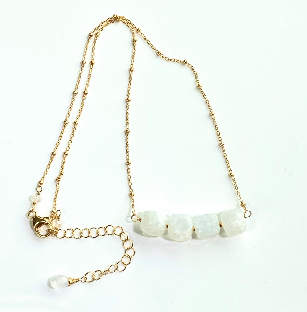 Rainbow Moonstone Cube Dainty Gold Fill Necklace - doolittlejewelry