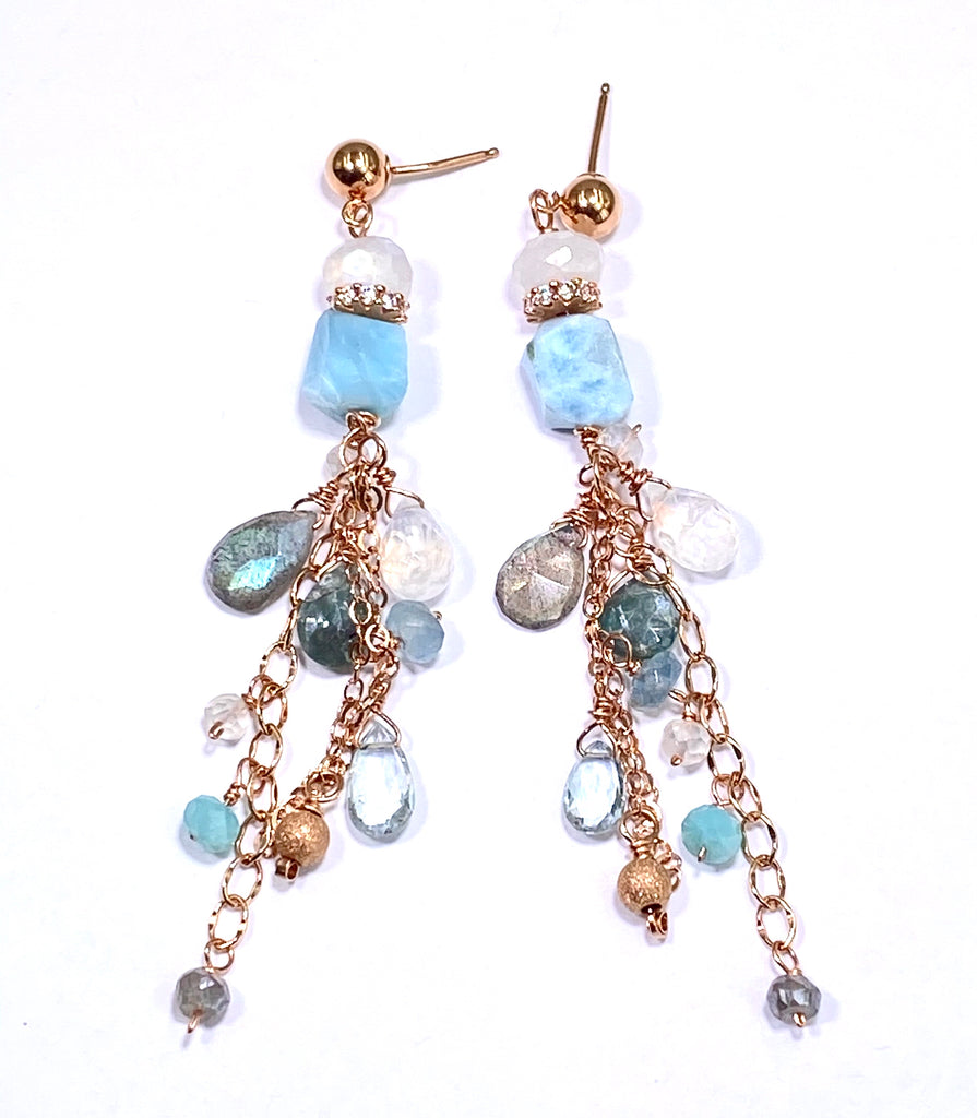 Larimar Labradorite Moonstone Rose Gold Boho Dangle Earrings - doolittlejewelry