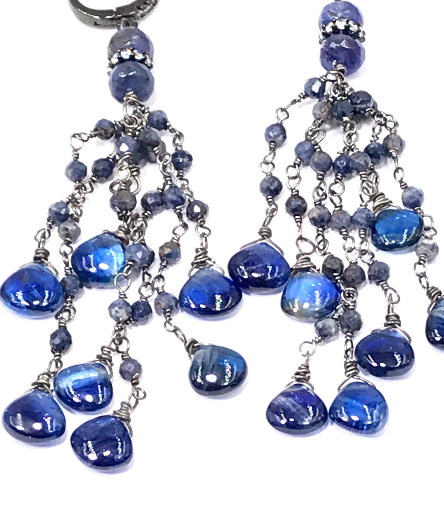 Blue Sapphire Kyanite Boho Tassel Earrings in Oxidized Sterling Silver - doolittlejewelry