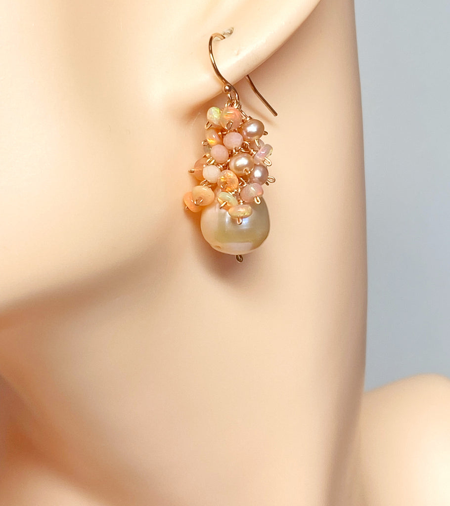 Blush Pink Baroque Pearl Opal Cluster Rose Gold Earrings