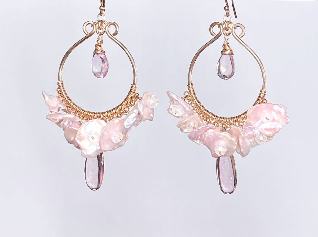 Rose Gold Hoop Earrings with Blush Keishi Pearls and Pink Topaz