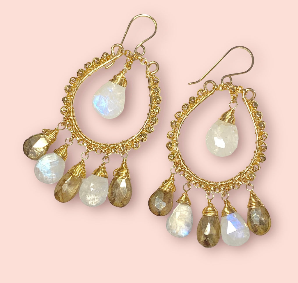gold fill hoop earrings, moonstone, labradorite chandelier earrings