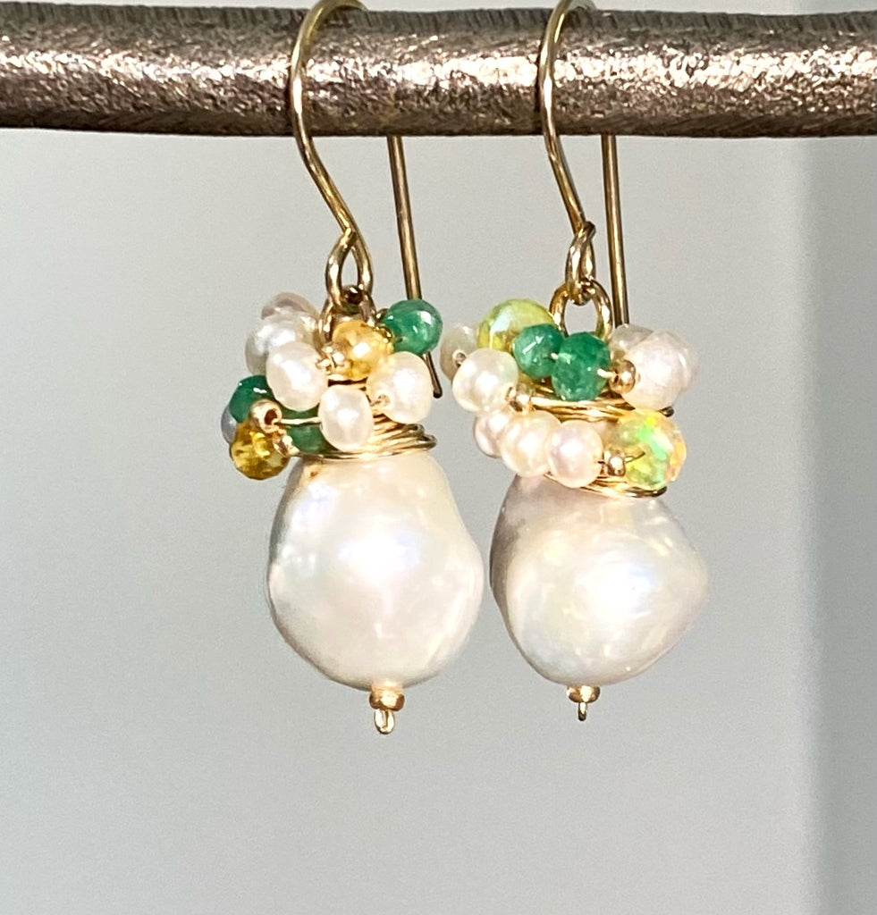 Emerald, Opal and Pearl Cluster Earrings Gold Fill