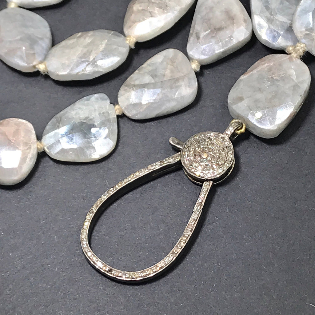 Diamond Clasp Long Boho Necklace Mystic Silver Grey Sapphire Slices - doolittlejewelry