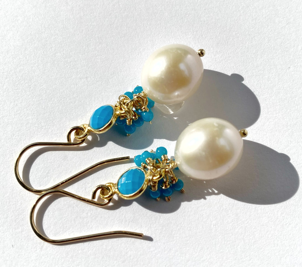 Pearl, Turquoise Gemstone Cluster and Dangle Earrings