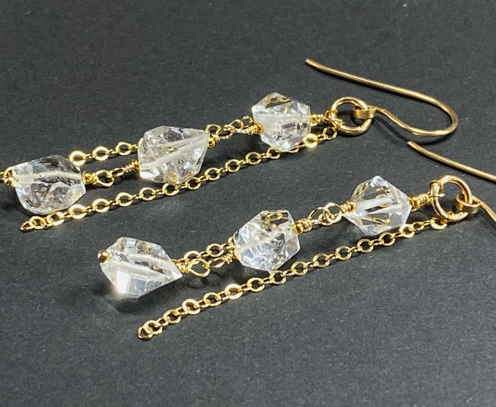 Herkimer Diamond Crystal Quartz Long Gold Fill Dangle Earrings