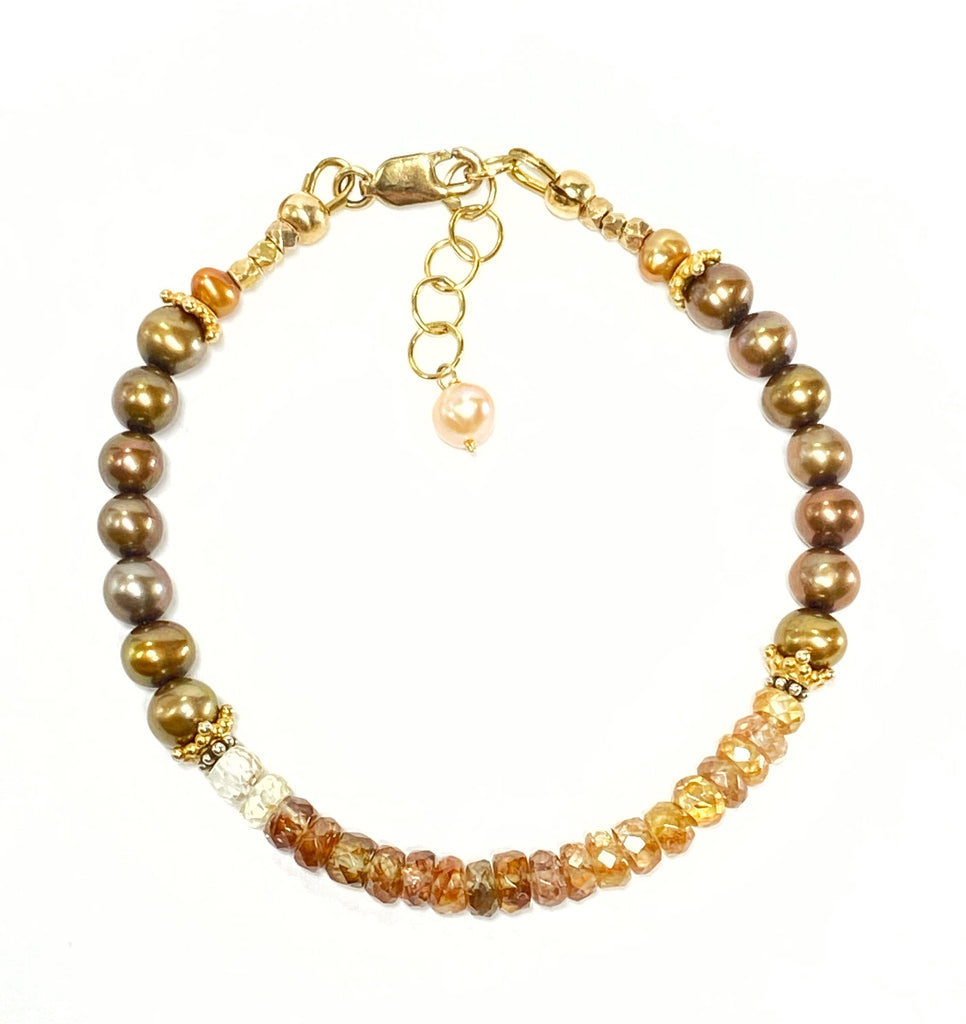 Natural Zircon Gemstone Golden Pearl Dainty Bracelet Gold Fill