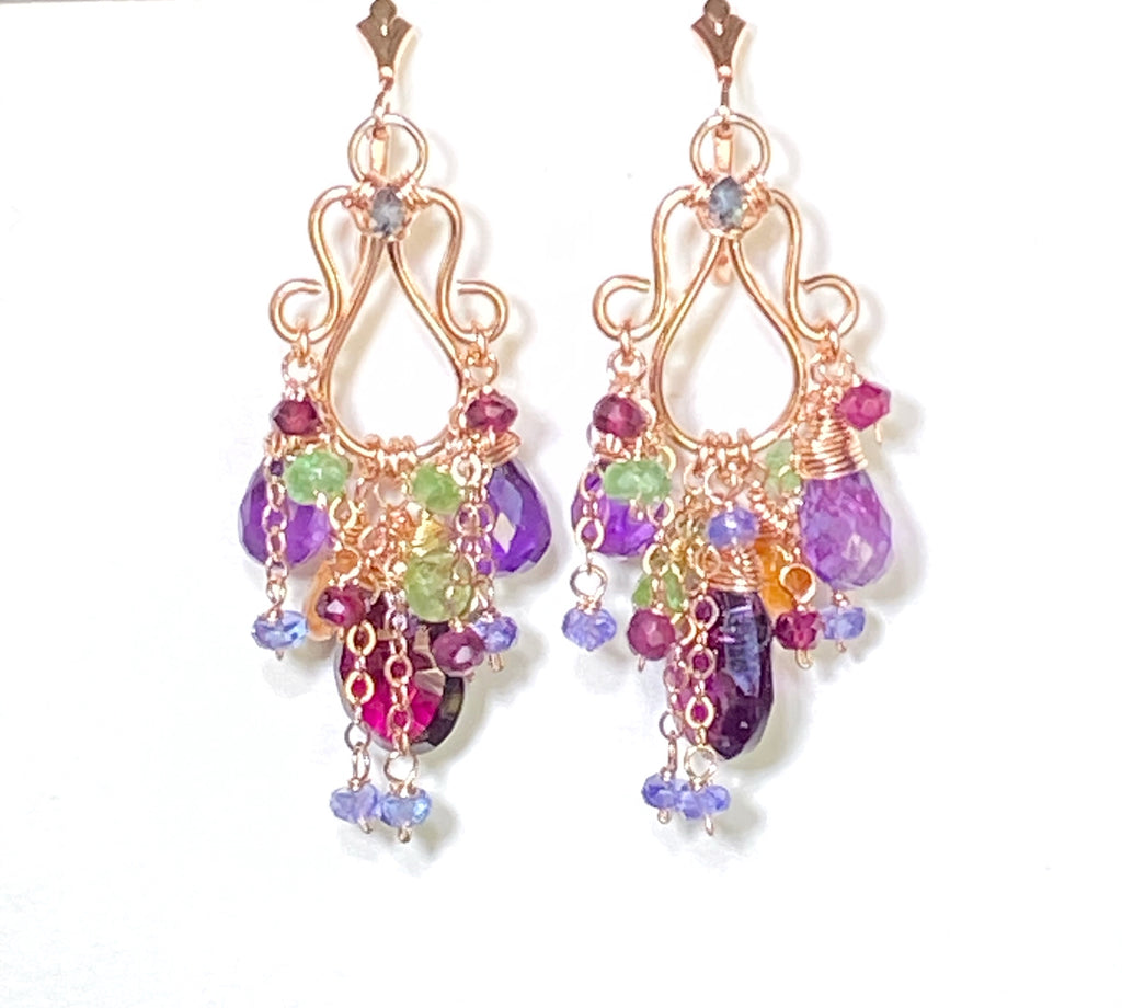 Rose Gold Chandelier Earrings Rhodolite Garnet Amethyst Lever Back